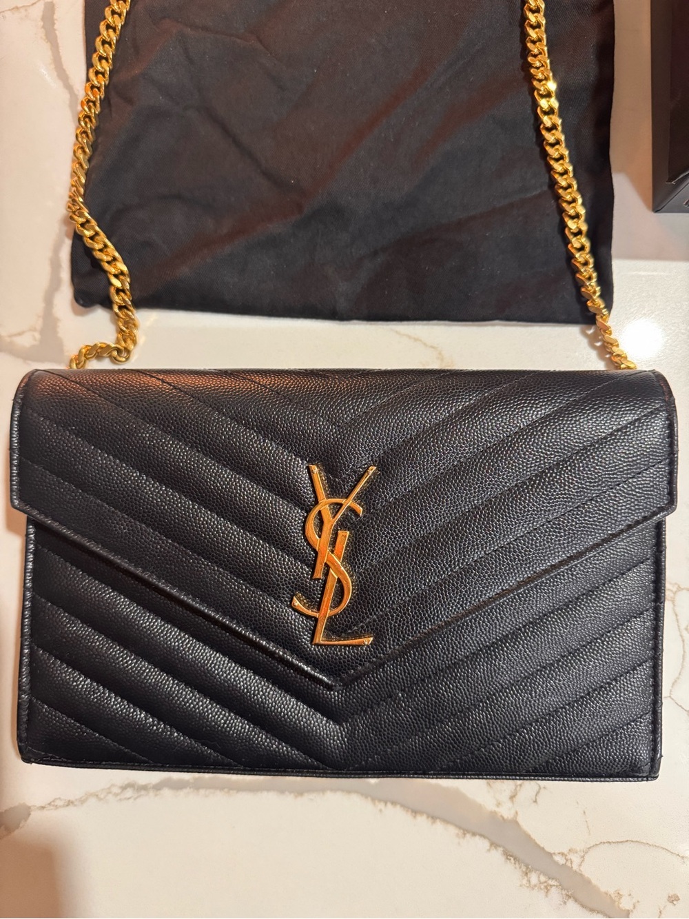 Saint Laurent Black Quilted Leather Chain Wallet with Gold YSL